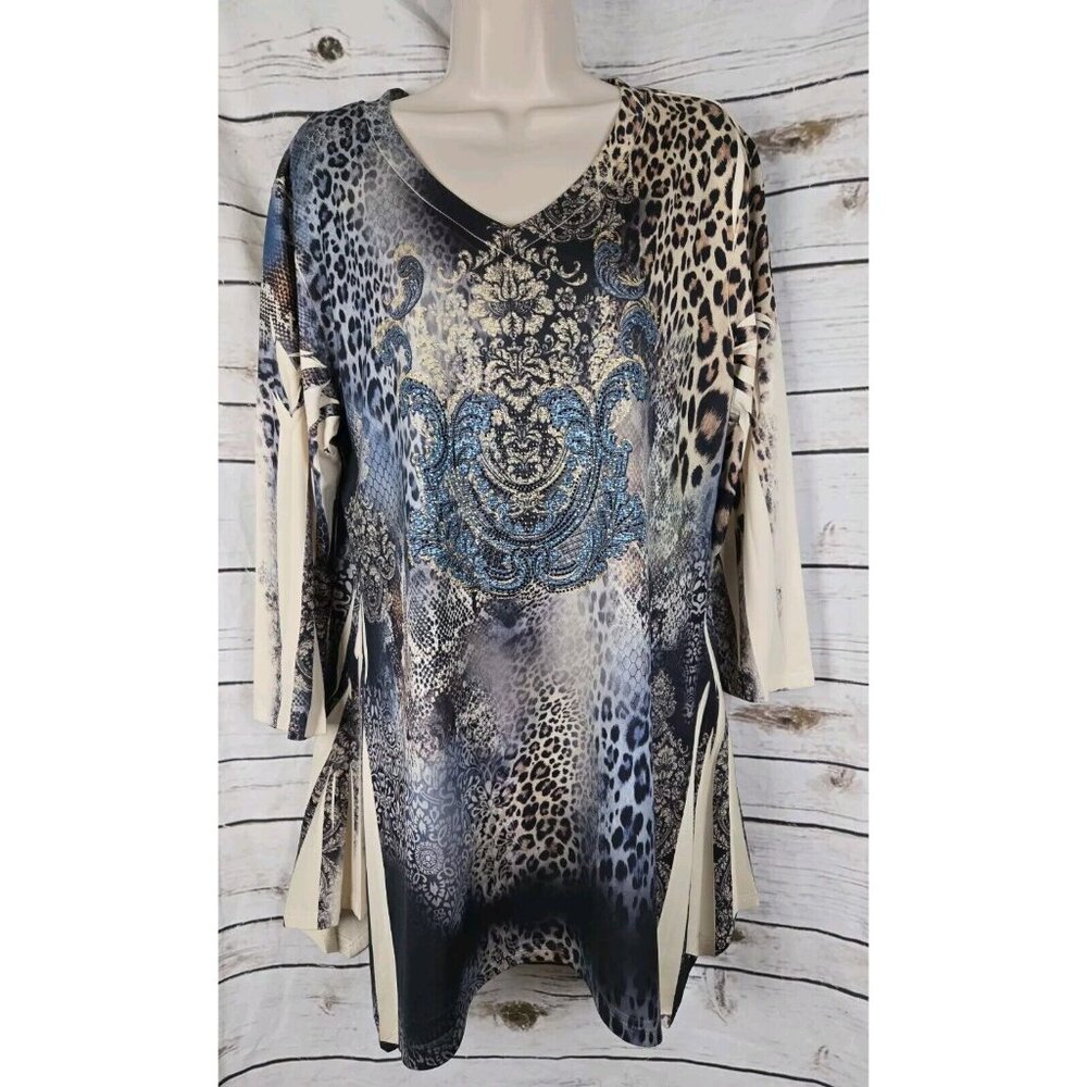 Jess & Jane Animal Print Studded Top L Art to Wear Microfiber Tunic Womens Bling